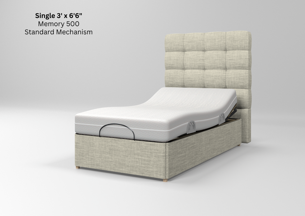 A single bed with a tufted light beige upholstered headboard and matching base, shown with a white mattress partially raised on a gray studio background. Text in the upper left reads 'Single 3' x 6'6