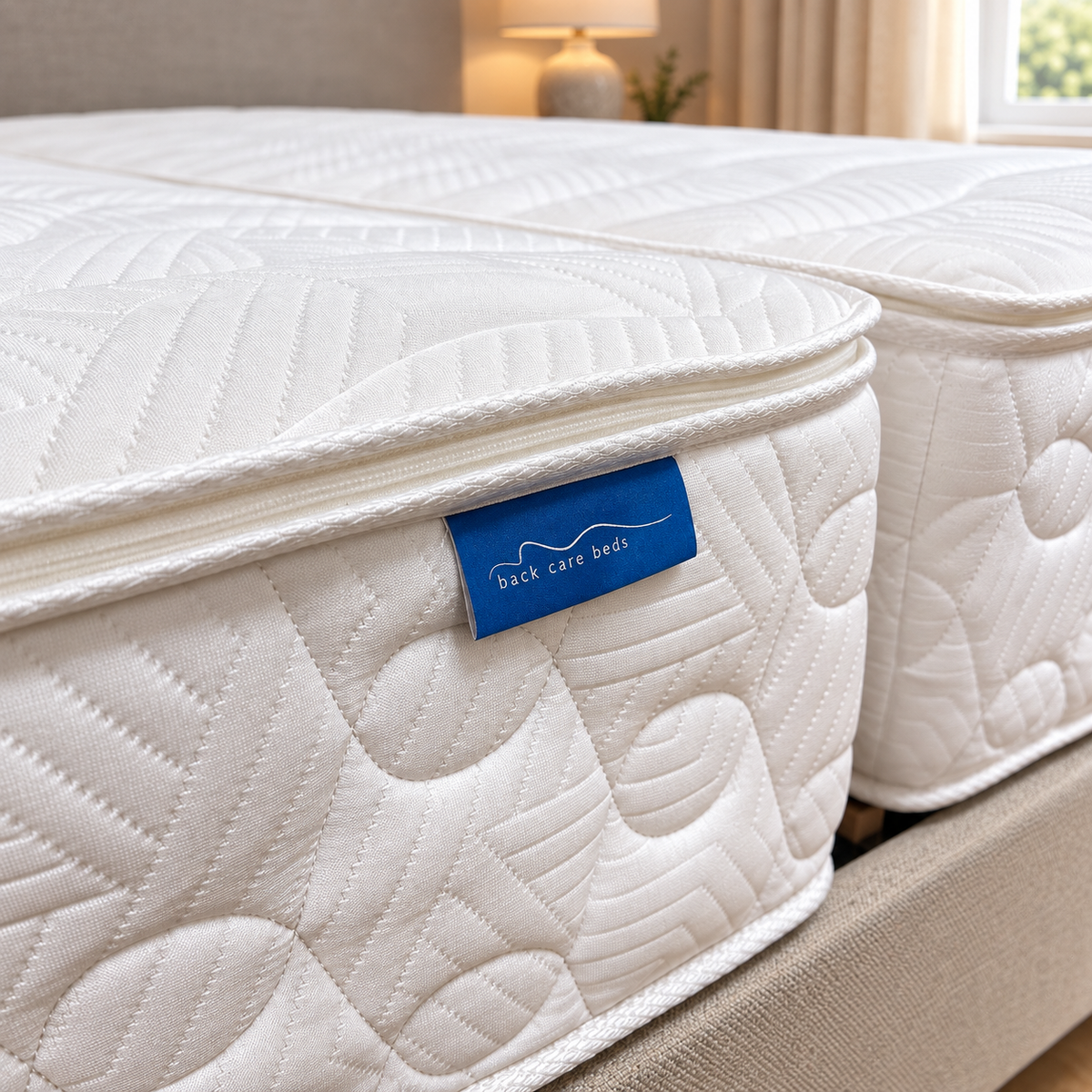 A close-up of a white quilted mattress with a blue 'Back Care Beds' label, resting on a beige upholstered bed frame in a softly lit bedroom.