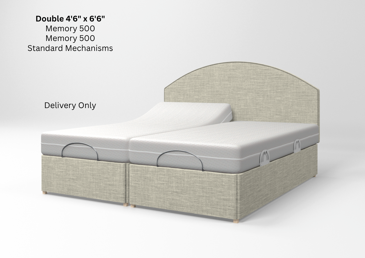 A double bed frame with two adjustable mattresses, shown in an open, partially extended position to demonstrate the memory function. The bed frame has a light beige textured fabric upholstery.