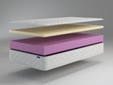 An exploded view of a mattress showing its layered construction: a white quilted top sheet, a beige cushion layer, a purple mattress topper, and a white quilted mattress base with a small blue brand tag.
