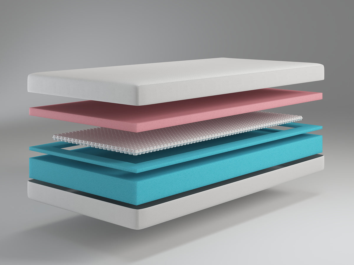 Sprung 400 adjustable bed mattress in exploded view, showing its quilted cover, foam layers and nano pocket springs.