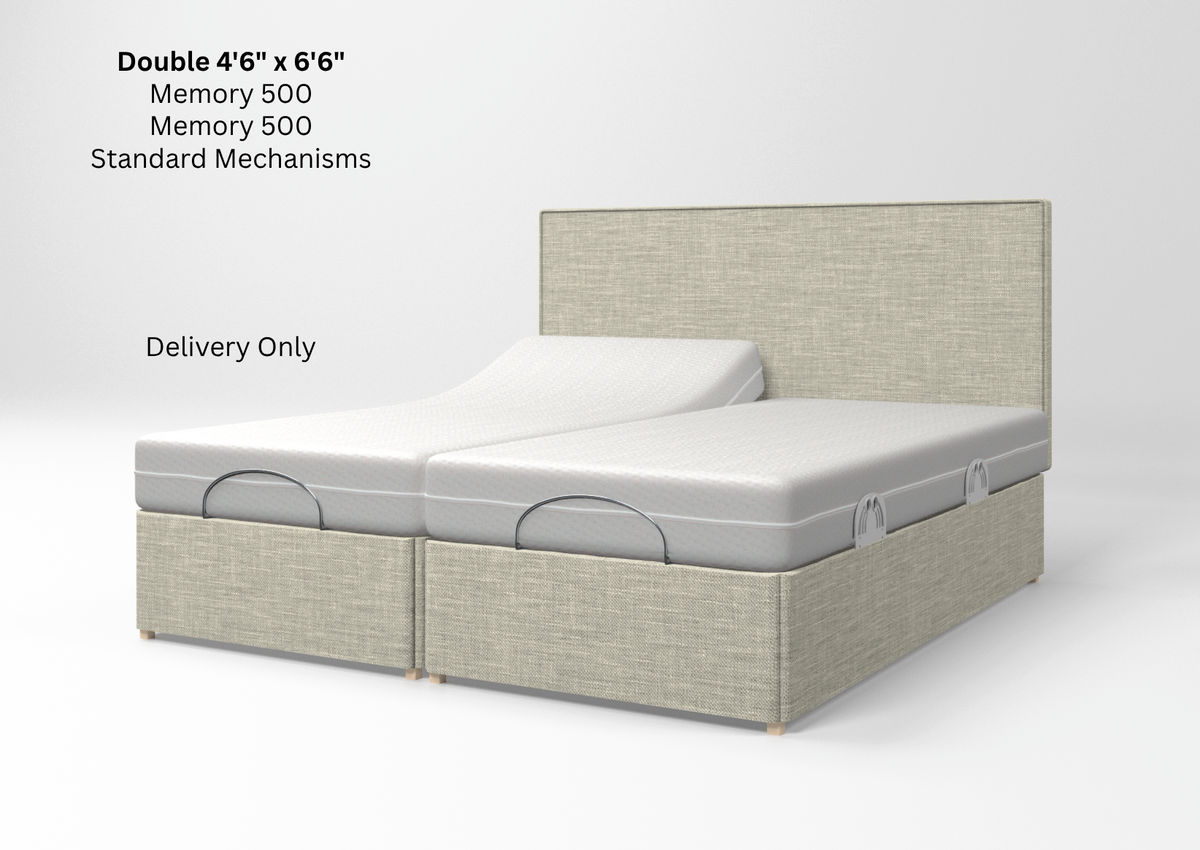 An adjustable double bed with a light beige textured fabric frame and headboard, shown with two mattresses on top. Black text in the upper left reads 'Double 4'6