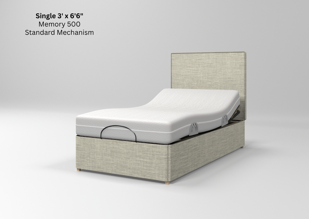 An adjustable memory foam bed frame with a white mattress, shown at an angle on a light gray studio background. The bed features a textured beige fabric base and headboard, with a black control panel visible on the side.