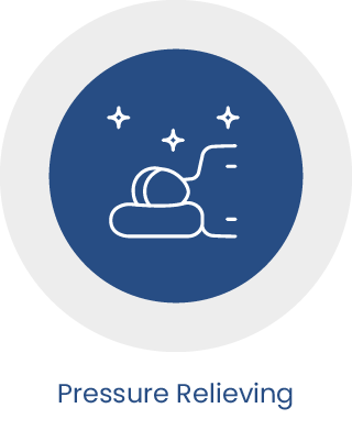 A circular blue icon with a white line drawing of a relaxed figure and sparkles above the words 'Pressure Relieving' on a light gray background.