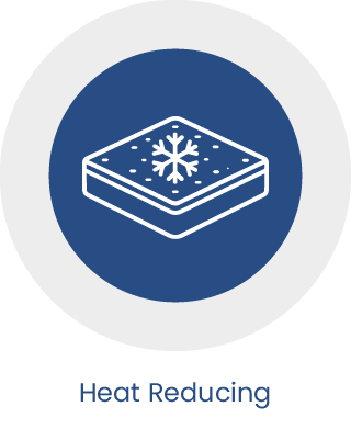 A circular graphic with a blue center icon showing a mattress outline with a snowflake and the text 'Heat Reducing' below on a white background.