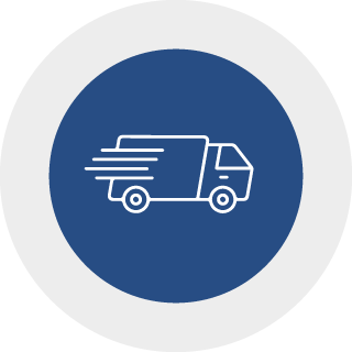 A minimalist white line art icon of a person holding a heart, centered on a solid dark blue circular background with a light gray outer border.