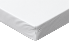 A close-up of a white fitted sheet covering the corner of a mattress, showing the clean fabric and stitched edge against a white background.