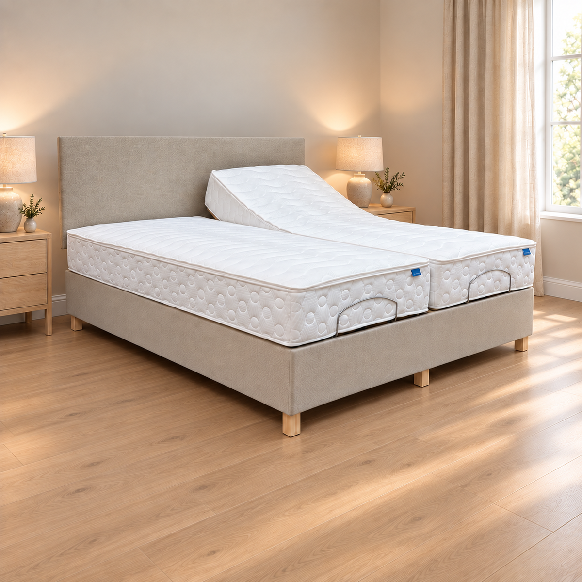 An adjustable bed with two mattresses, one flat and one angled, set in a modern bedroom with a beige upholstered headboard and footboard, wooden flooring, and bedside tables with lamps.