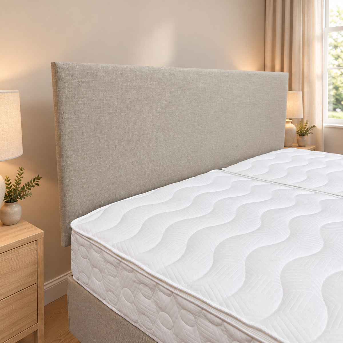 A twin mattress with a white quilted mattress topper and a tall upholstered headboard in a warm beige bedroom setting.