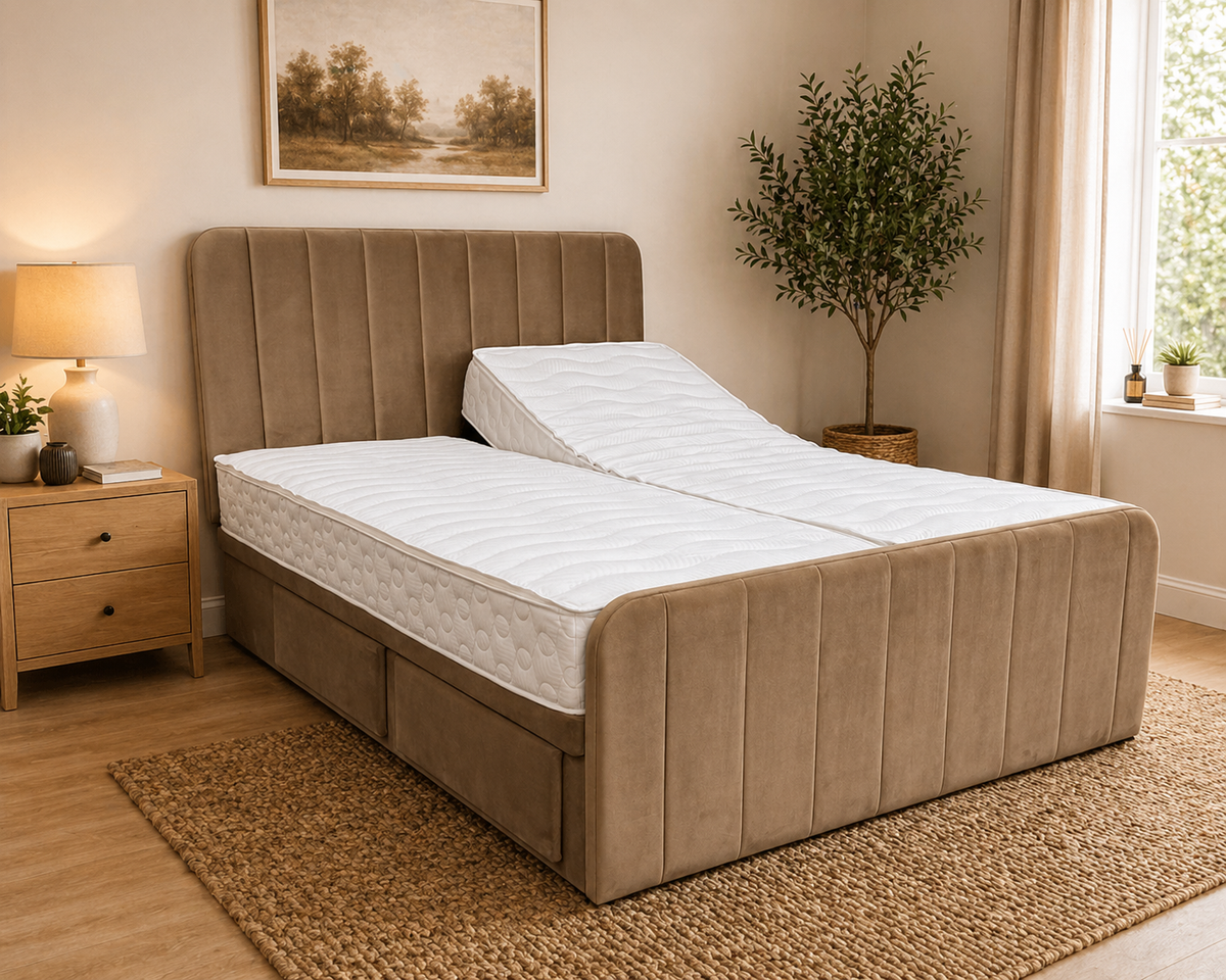coffee coloured Adjustable bed in a cosy room setting 
